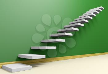 Business rise, forward achievement, progress way, success and hope creative concept: Ascending stairs of rising staircase in green empty room with beige floor and plinth, 3d illustration