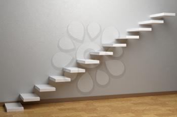 Business rise, forward achievement, progress way, success and hope creative concept: Ascending stairs of rising staircase in empty room with parquet floor and plinth 3d illustration