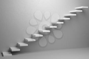 Business rise, forward achievement, progress way, success and hope creative concept: Ascending stairs of rising staircase in white empty room 3d illustration