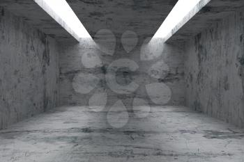 Abstract industrial architecture interior: empty room with dirty spotted concrete walls, floor and ceiling and with opening in ceiling for lighting, 3d illustration