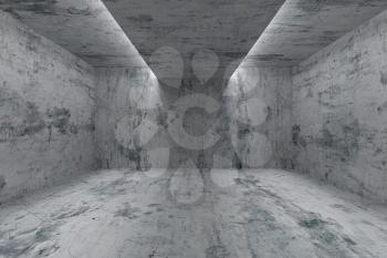 Abstract industrial architecture interior: empty room with dirty spotted concrete walls, floor and ceiling and with lights in ceiling for lighting, 3d illustration
