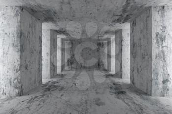 Abstract industrial architecture interior: empty concrete hall with dirty spotted concrete floor and ceiling and with concrete columns, 3d illustration