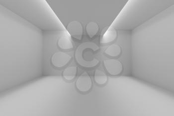 Abstract industrial architecture interior: empty room with white walls, floor and ceiling and with lights in ceiling for lighting, 3d illustration