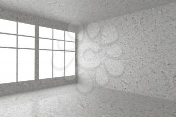 Abstract architecture spotted concrete room interior: empty room corner with dirty spotted concrete walls, concrete floor, concrete ceiling and window with skylight from window, 3d illustration