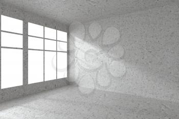Abstract architecture spotted concrete room interior: empty room corner with dirty spotted concrete walls, concrete floor, concrete ceiling and window with sunlight from window, 3d illustration