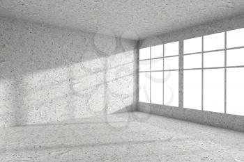 Abstract architecture spotted concrete room interior: empty room corner with dirty spotted concrete walls, concrete floor, concrete ceiling and windows with light from window, 3d illustration