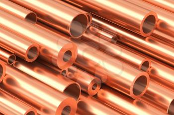 Metallurgical industry production and non-ferrous industrial products abstract illustration - many different various sized stainless metal shiny copper pipes closeup, industrial 3D illustration