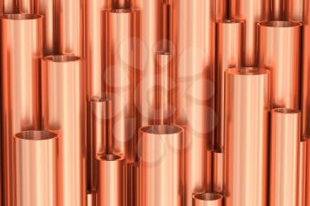 Metallurgical industry production and non-ferrous industrial products abstract illustration - many different various sized stainless metal shiny copper pipes, industrial 3D illustration