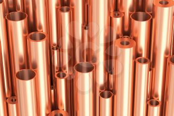 Metallurgical industry production and non-ferrous industrial products abstract illustration - many different various sized stainless metal shiny copper pipes, industrial background 3D illustration