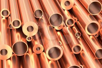 Metallurgical industry production and non-ferrous industrial products abstract illustration - many different various sized stainless metal shiny copper pipes closeup, industrial background, 3D illustration