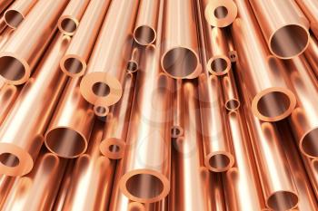 Metallurgical industry production and non-ferrous industrial products abstract illustration - many different various sized stainless metal shiny copper pipes, abstract background, 3D illustration