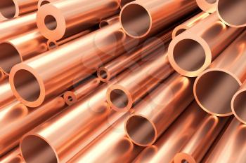 Metallurgical industry production and non-ferrous industrial products abstract illustration - many different various sized stainless metal shiny copper pipes, industrial background, 3D illustration.