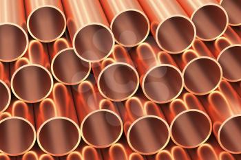Metallurgical industry production and non-ferrous industrial products abstract illustration - many stainless metal shiny copper pipes, industrial background, 3D illustration