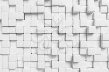 Abstract white graphic wall background made of white cubes in front view, 3d illustration for different conceptual graphic design projects