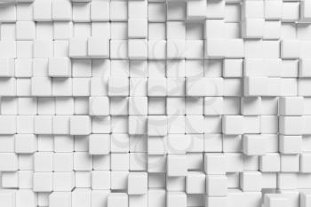 Abstract white graphic wall background made of white cubes in front view 3d illustration for different conceptual graphic design projects.