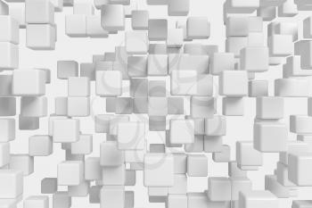 Abstract white graphic background made of flying white cubes in front view, 3d illustration for different conceptual graphic design projects