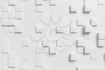 Abstract white graphic background made of white cubes in front view, 3d illustration for different conceptual graphic design projects.