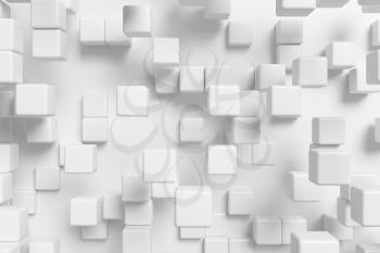 White abstract graphic background made of white cubes in front view, 3d illustration for different conceptual graphic design projects