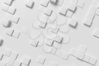 Abstract white graphic wall background made of white cubes in front view, 3d illustration for different conceptual graphic design projects