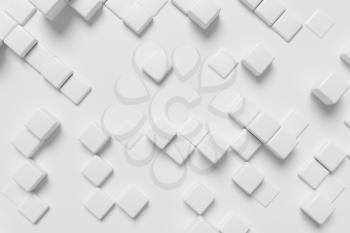 White graphic background made of white cubes in front view, abstract 3d illustration for different conceptual graphic design projects
