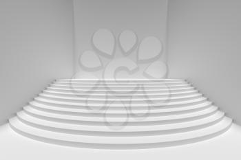 Stage with white round stairs in empty white room with light from top, wide angle front view, abstract architectural 3d illustration 