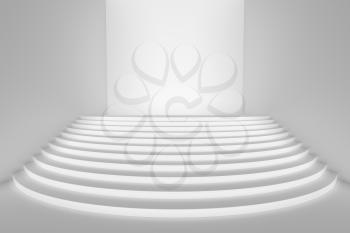 Stage with white round stairs in empty white room with light from the front, wide angle view, abstract architectural 3d illustration
