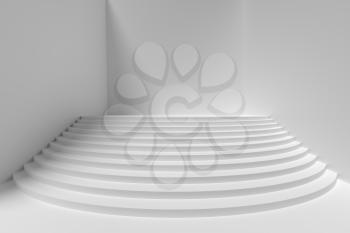 Stage with white round stairs in empty white room with shadow on left, wide angle front view, abstract architectural 3d illustration 