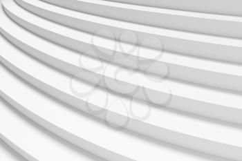 White round ascending stairs of upward staircase with shadows from light closeup diagonal view 3d illustration abstract white background