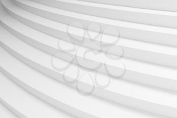 White round ascending stairs of upward staircase with shadows from soft light closeup diagonal view 3d illustration abstract white background
