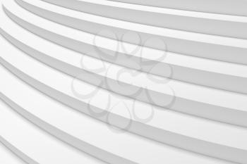 White round ascending stairs of upward staircase under soft light closeup diagonal view 3d illustration abstract white background