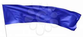 Long blue flag on flagpole flying and waving in the wind isolated on white, 3d illustration