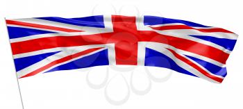 National flag of United Kingdom of Great Britain with flagpole waving and flying in the wind isolated on white, long flag, 3d illustration
