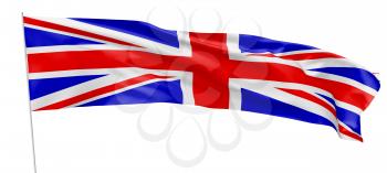 National flag of United Kingdom of Great Britain with flagpole flying and waving in the wind isolated on white, long flag, 3d illustration