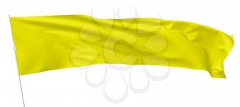Long yellow flag on flagpole flying and waving in the wind isolated on white, 3d illustration.