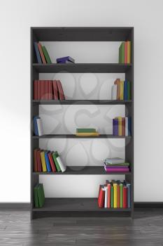 Black wooden bookcase on black parquet floor about white wall with many different books on bookshelves, 3D illustration
