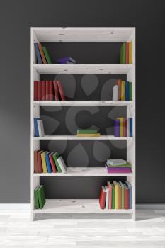 White wooden bookcase on whie parquet floor about black wall with many different books on bookshelves, 3D illustration