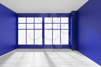 Empty room with blue walls, big window, whitre hardwood parquet floor and sunlight from window, perspective front view, minimalist interior 3d illustration