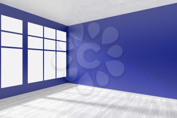 Corner of empty room with blue walls, big window, whitre hardwood parquet floor and sunlight from window, perspective view, minimalist interior, 3d illustration.