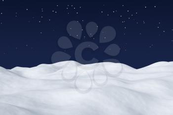 White snow field with hills and smooth snow surface under bright clear winter night north sky with bright stars arctic winter minimalist landscape background, 3d illustration