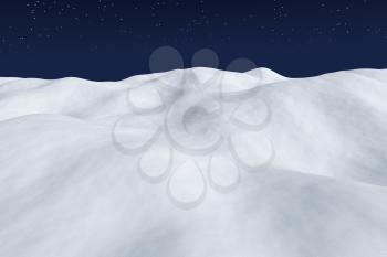 White snow field with hills and smooth snow surface under bright clear winter night north sky with bright stars minimalist winter arctic landscape background 3d illustration