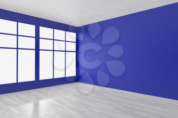 Empty room with blue walls, big window, whitre hardwood parquet floor and skylight from window, perspective view, minimalist interior 3d illustration