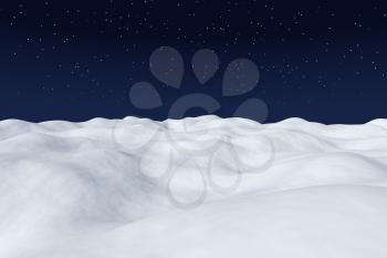 White snow field with hills and smooth snow surface under bright clear winter night north sky with bright stars arctic winter minimalist landscape background, 3d illustration.