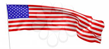 National flag of United States of America with stars and stripes with flagpole flying and waving in the wind isolated on white, long flag, 3d illustration