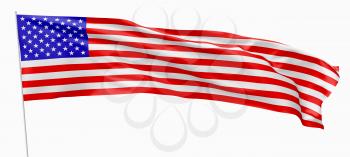 National flag of United States of America with stars and stripes, with flagpole flying and waving in the wind, isolated on white 3d illustration, long flag