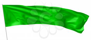 Long green flag with flagpole flying and waving in the wind isolated on white, 3d illustration