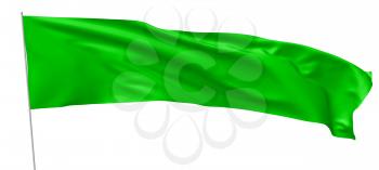 Long green flag on flagpole flying and waving in the wind isolated on white, 3d illustration