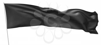 Long black flag on flagpole waving and flying in the wind isolated on white background, 3d illustration.