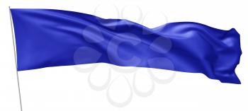 Long blue flag on flagpole flying and waving in wind isolated on white background, 3d illustration.
