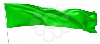 Long green flag on flagpole flying and waving in wind isolated on white background, 3d illustration.