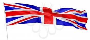 National flag of United Kingdom of Great Britain on flagpole flying and waving in wind isolated on white long flag, 3d illustration.